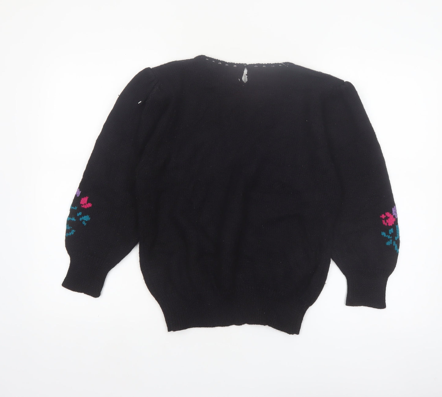 White Stag Womens Black Medium Floral Knit Pullover Jumper Wool Blend