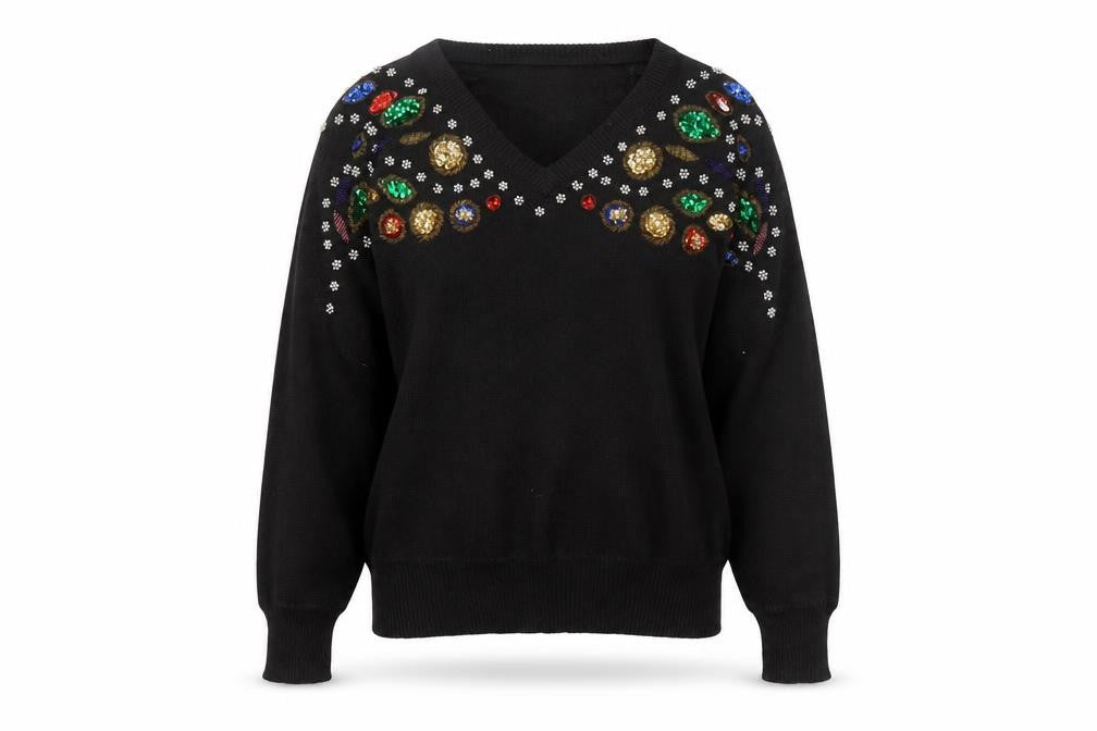 SML Sport Ltd Women’s Black Beaded V-Neck 90s Vintage Jumper M
