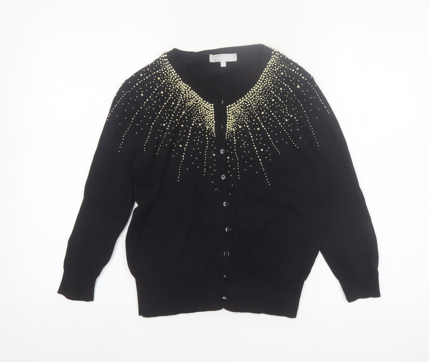 Red Herring Women's Black Beaded Crew Neck Cotton Cardigan Size 14
