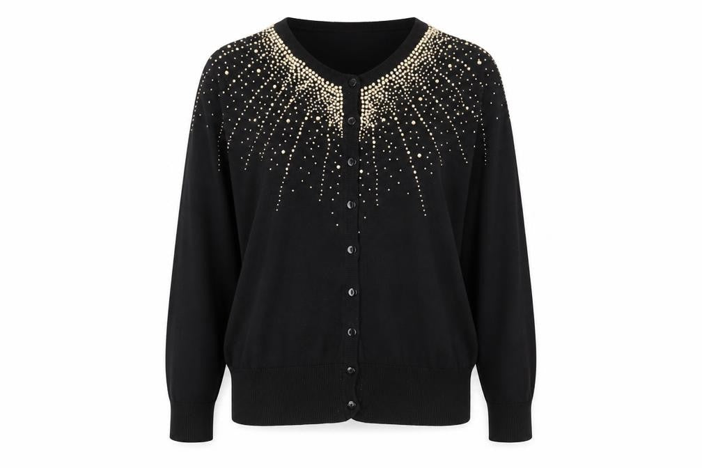 Red Herring Women's Black Beaded Crew Neck Cotton Cardigan Size 14