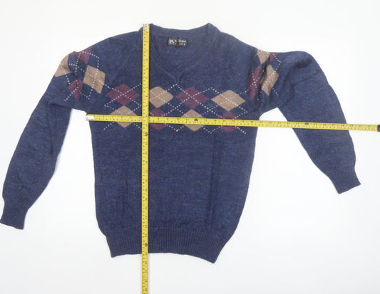 Lorien Scott Men's Blue Argyle V-Neck Mohair Blend Jumper M