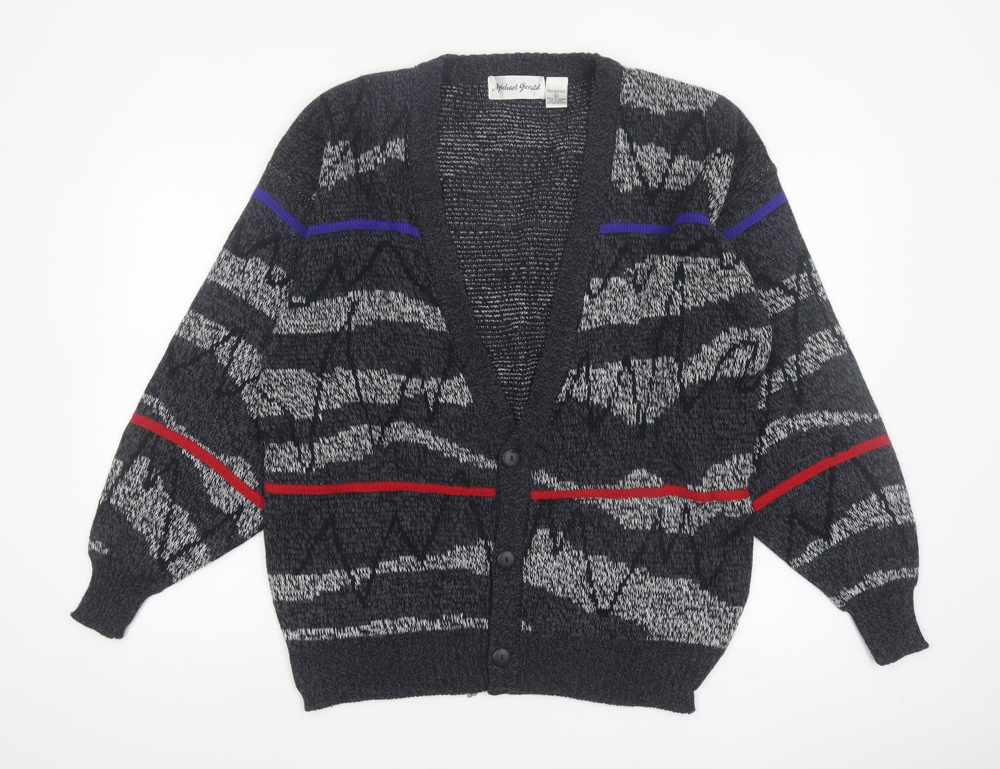 Michael Gerald Men's Grey Geometric Knit Cardigan L Retro Acrylic