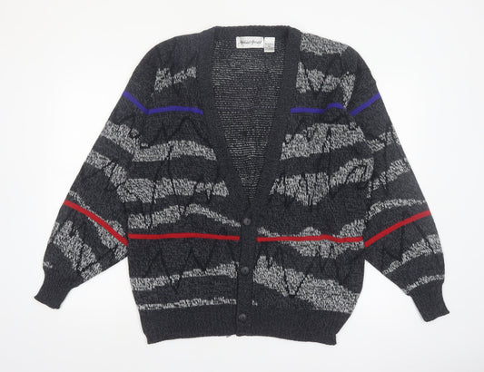 Michael Gerald Men's Grey Geometric Knit Cardigan L Retro Acrylic