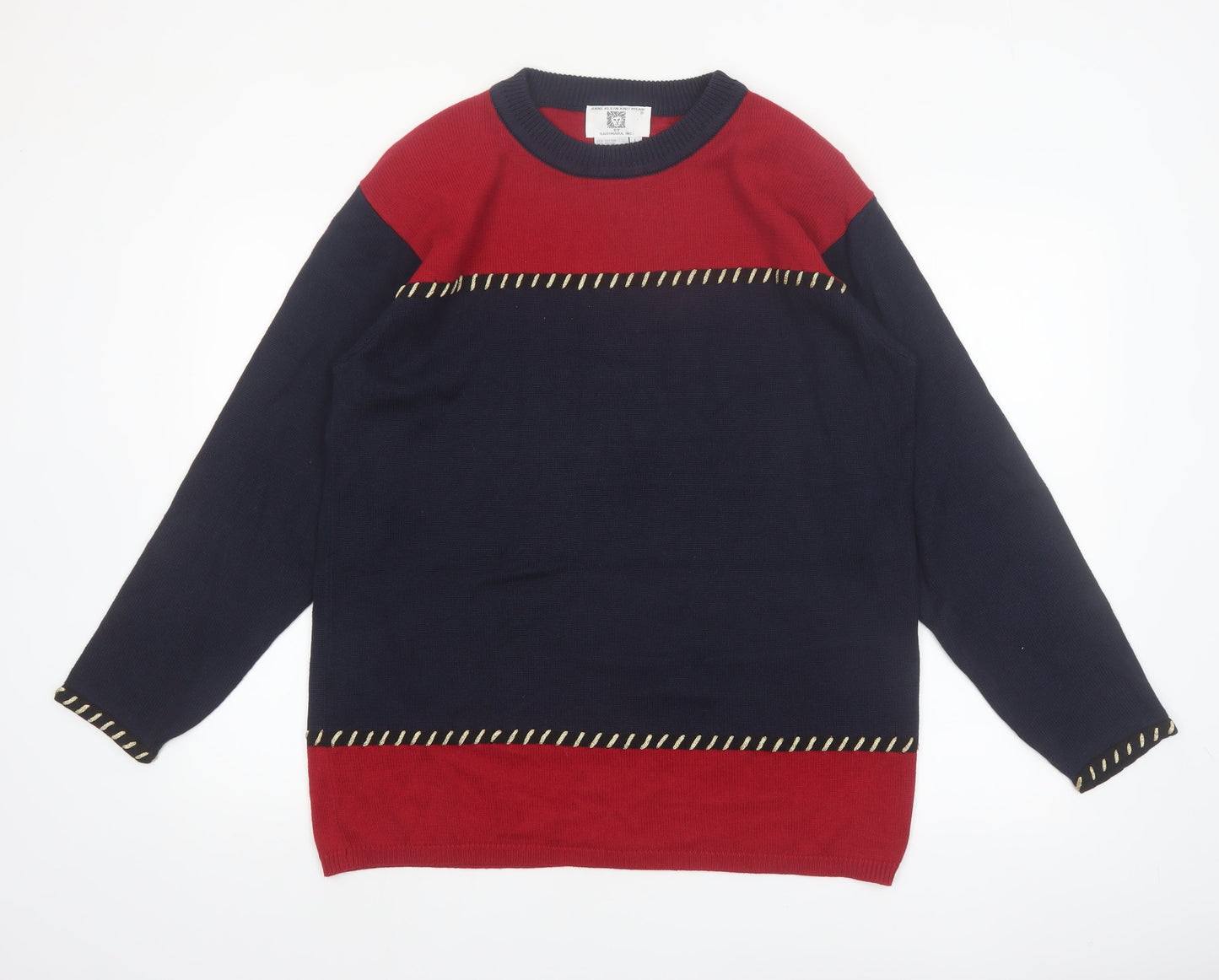Anne Klein Women Navy Red Crew Neck Cotton Jumper L Classic Knit