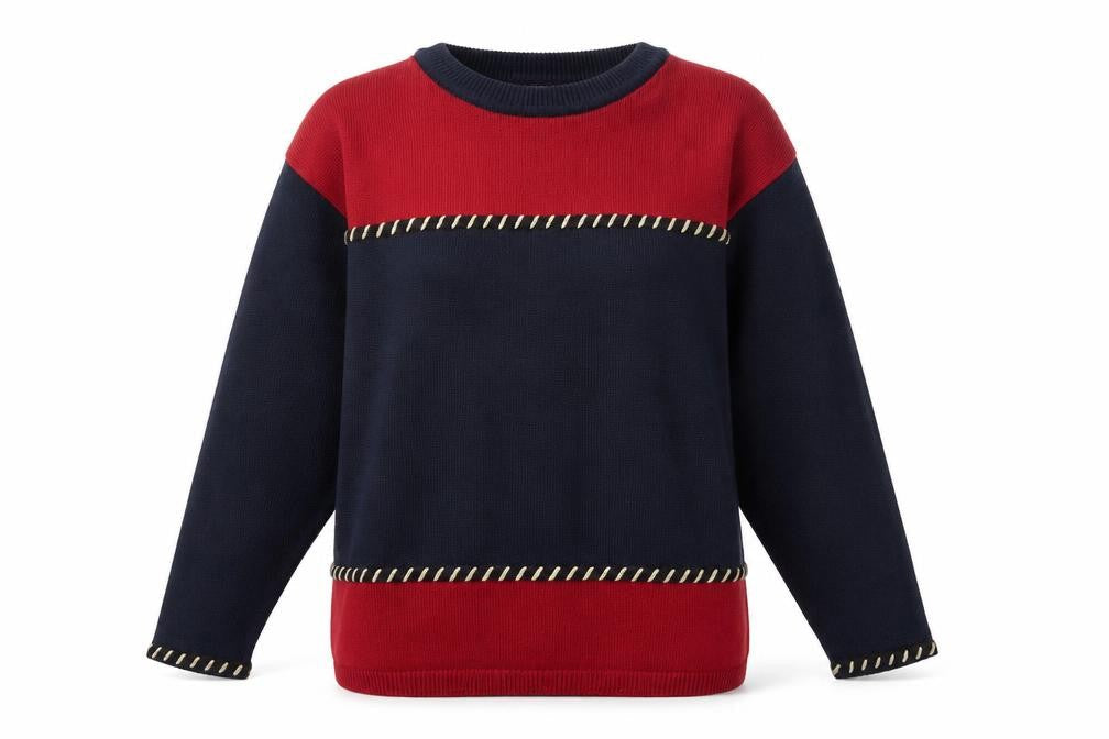 Anne Klein Women Navy Red Crew Neck Cotton Jumper L Classic Knit