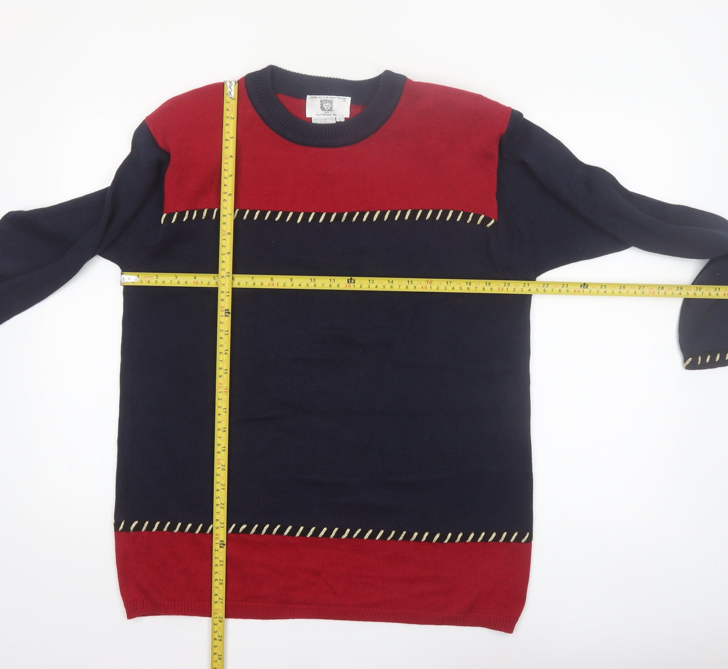 Anne Klein Women Navy Red Crew Neck Cotton Jumper L Classic Knit