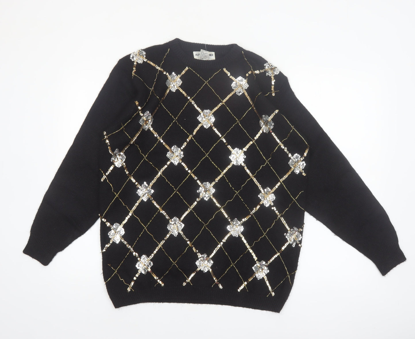 Alfred Dunner Womens Black Petite L Sequin Argyle Knit Jumper