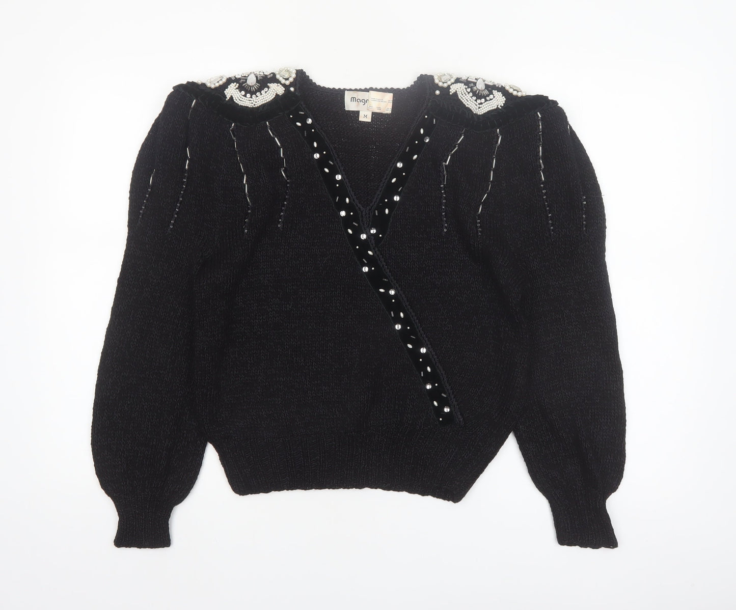 Magnolia Women's Black Beaded V-Neck Vintage Pullover Jumper M