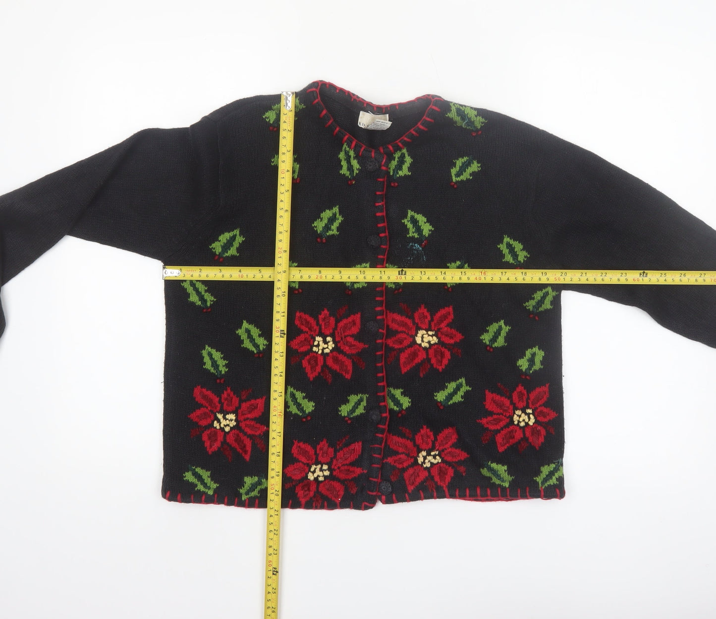 K.B. Collections Womens Black Christmas Floral Cardigan Size S