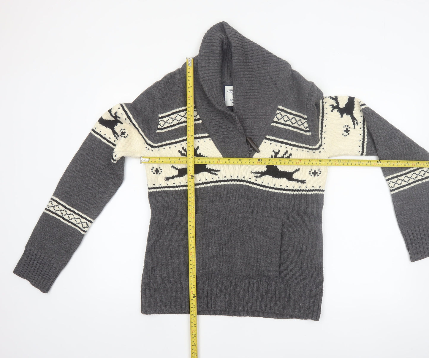 Bluenotes Men Grey Fair Isle Reindeer Shawl Neck Jumper XL