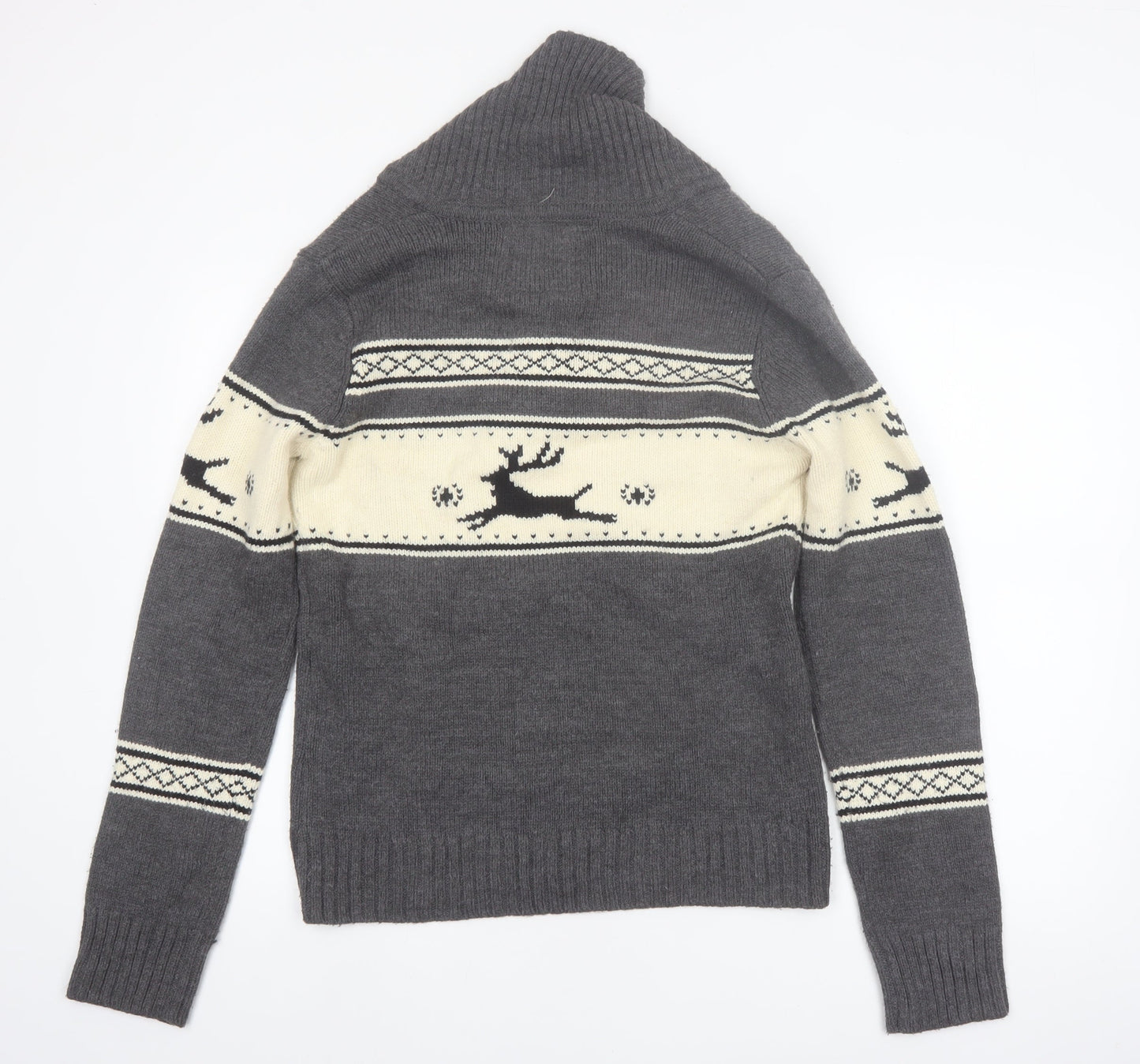Bluenotes Men Grey Fair Isle Reindeer Shawl Neck Jumper XL
