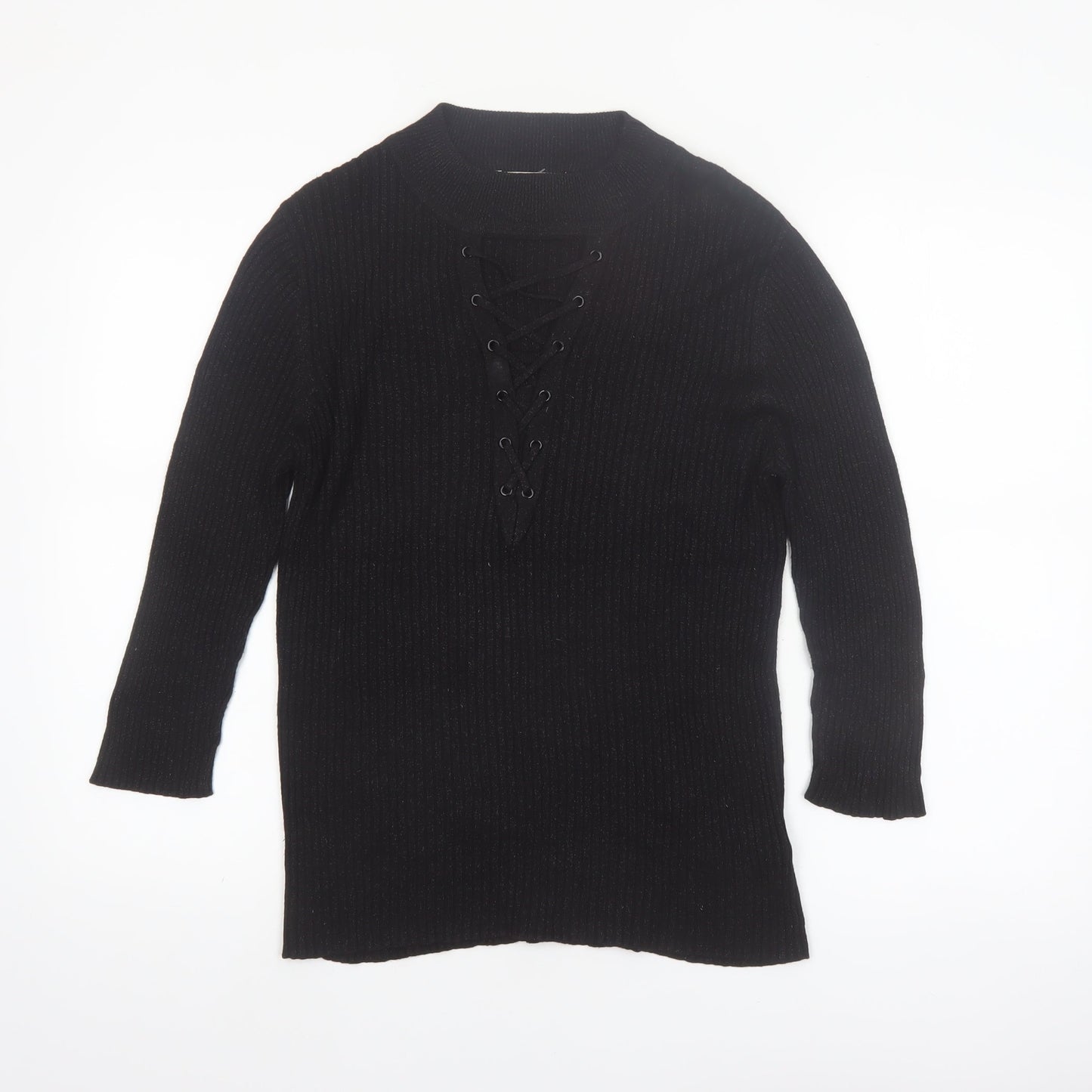 Nygard Women's Black Medium Knit Lace-Up V-Neck Long Sleeve Jumper