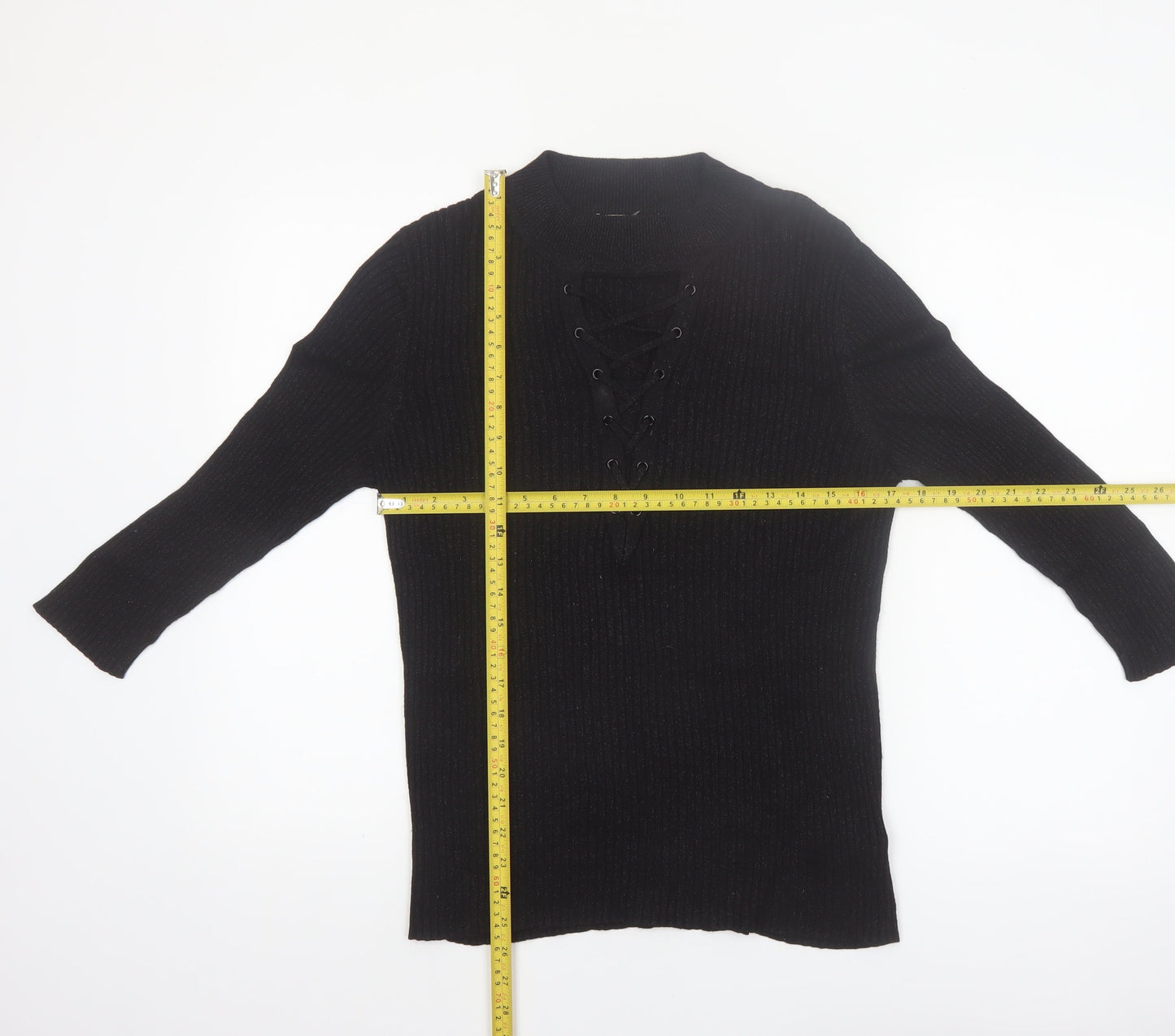 Nygard Women's Black Medium Knit Lace-Up V-Neck Long Sleeve Jumper