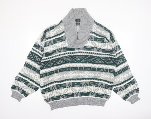 C&A Men’s Grey Geometric Knit Shawl Pullover Jumper XL Vintage