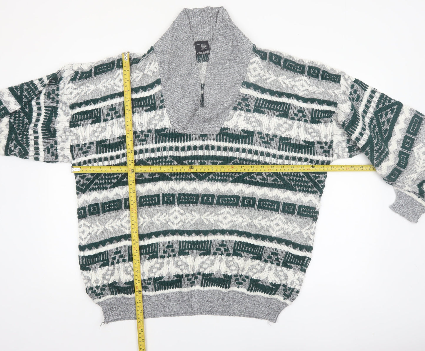 C&A Men’s Grey Geometric Knit Shawl Pullover Jumper XL Vintage