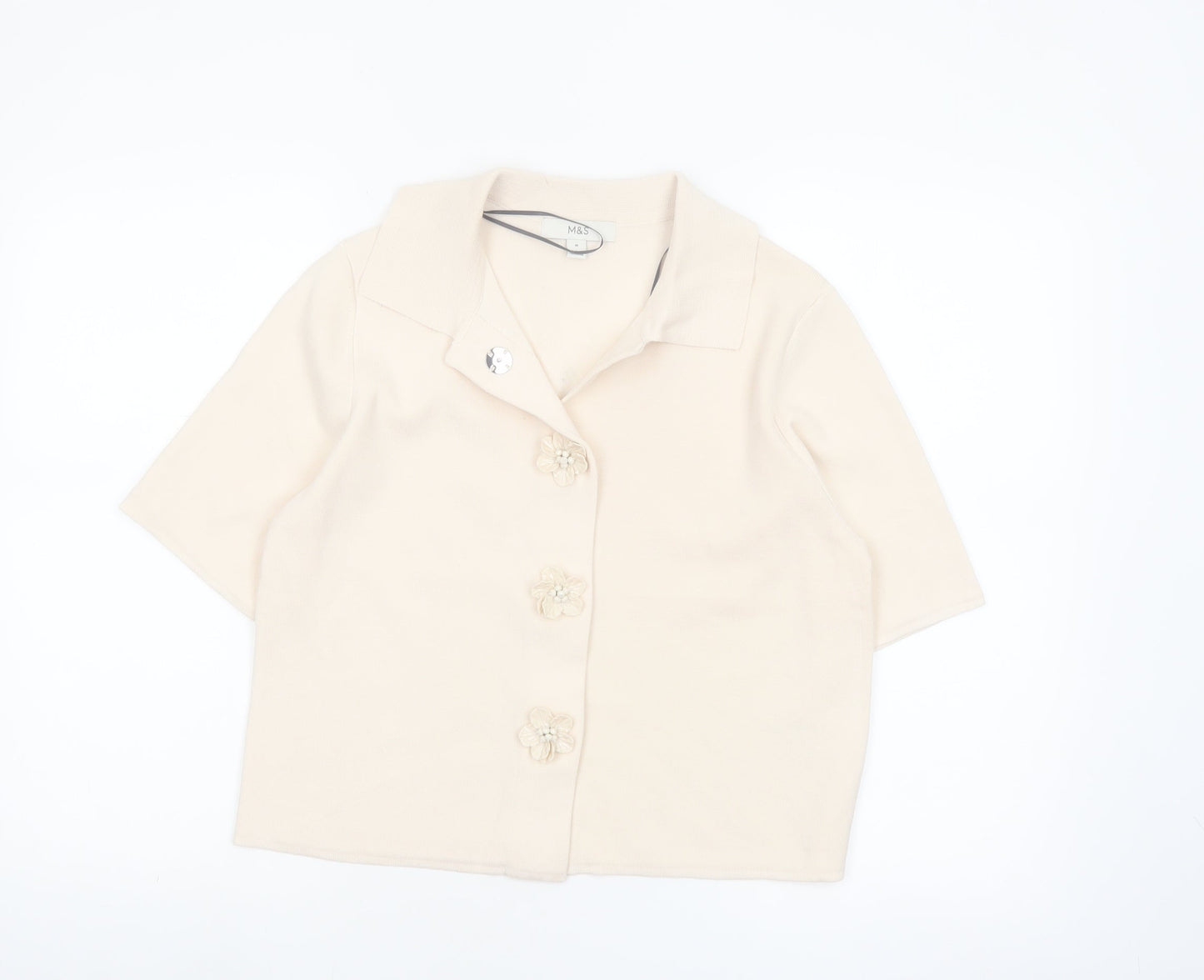 Marks and Spencer Women’s Beige Knit Collared Short Sleeve Cardigan M