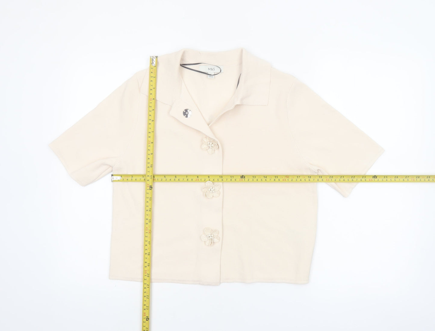 Marks and Spencer Women’s Beige Knit Collared Short Sleeve Cardigan M