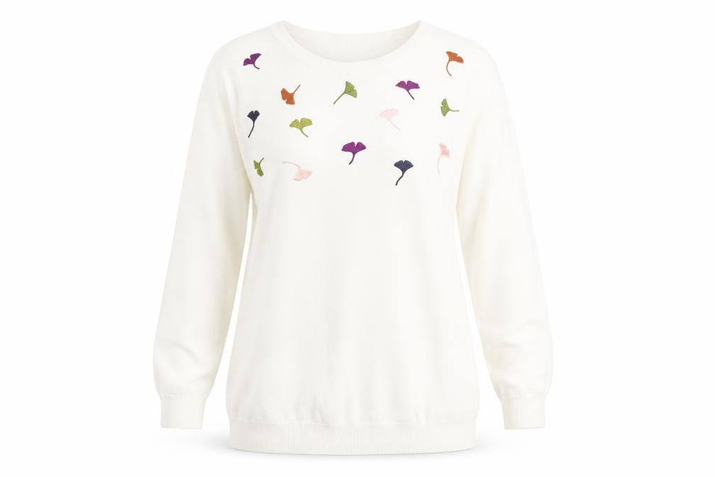 Bonmarché Women Ivory Floral Embroidered Pullover Jumper Size 14