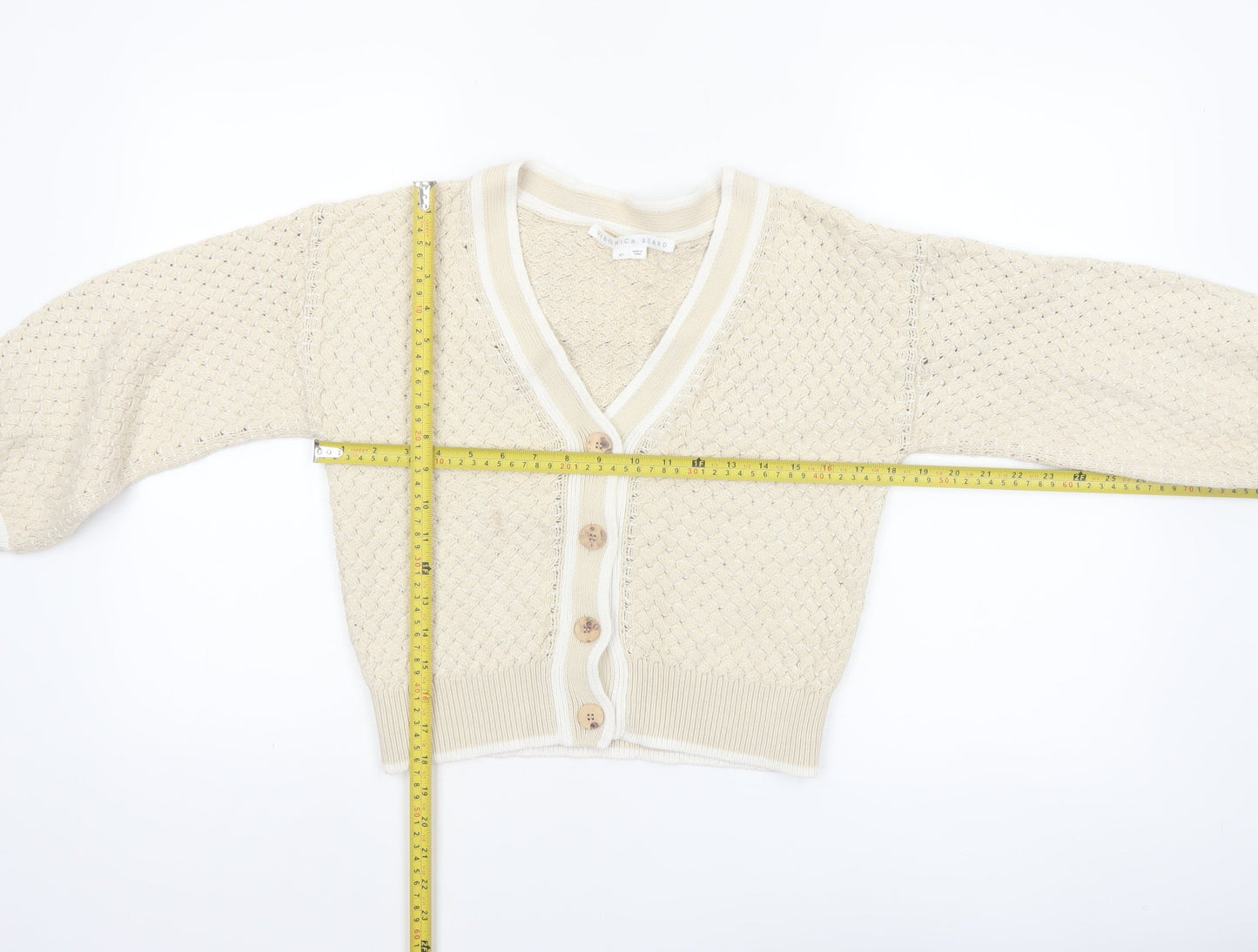 Veronica Beard Women Beige XS Cable-Knit Cotton Cardigan Jumper