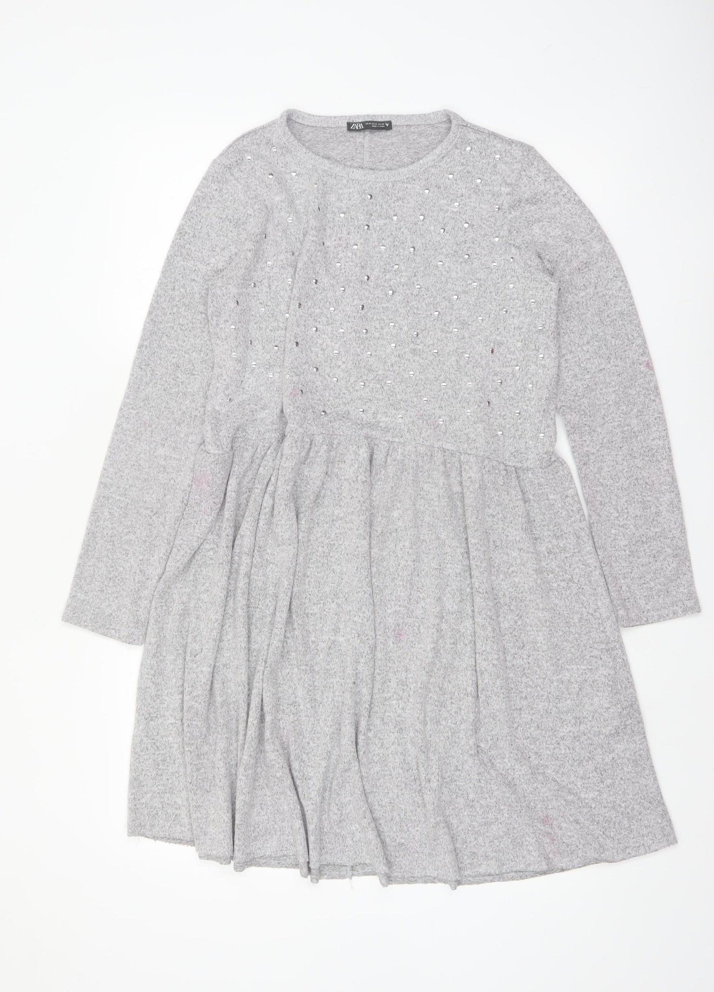 Zara Women Grey Long Sleeve Skater Dress Size M - Beaded Knit