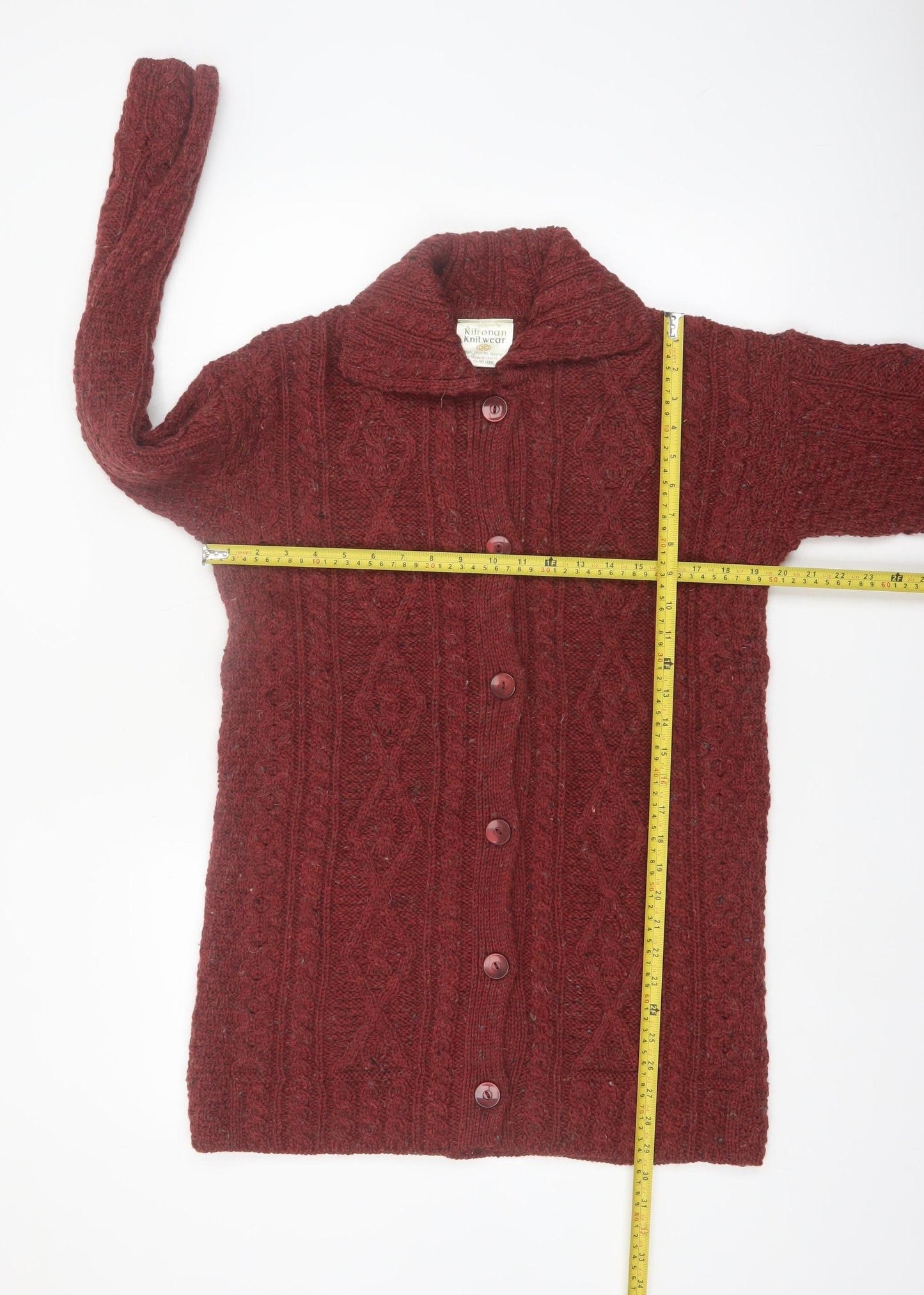 Kilronan Knitwear Women's Red Wool Cable Knit Collared Cardigan S