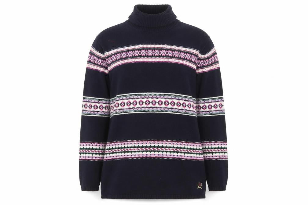 Tommy Hilfiger Womens Blue Fair Isle Roll Neck Cotton Jumper L