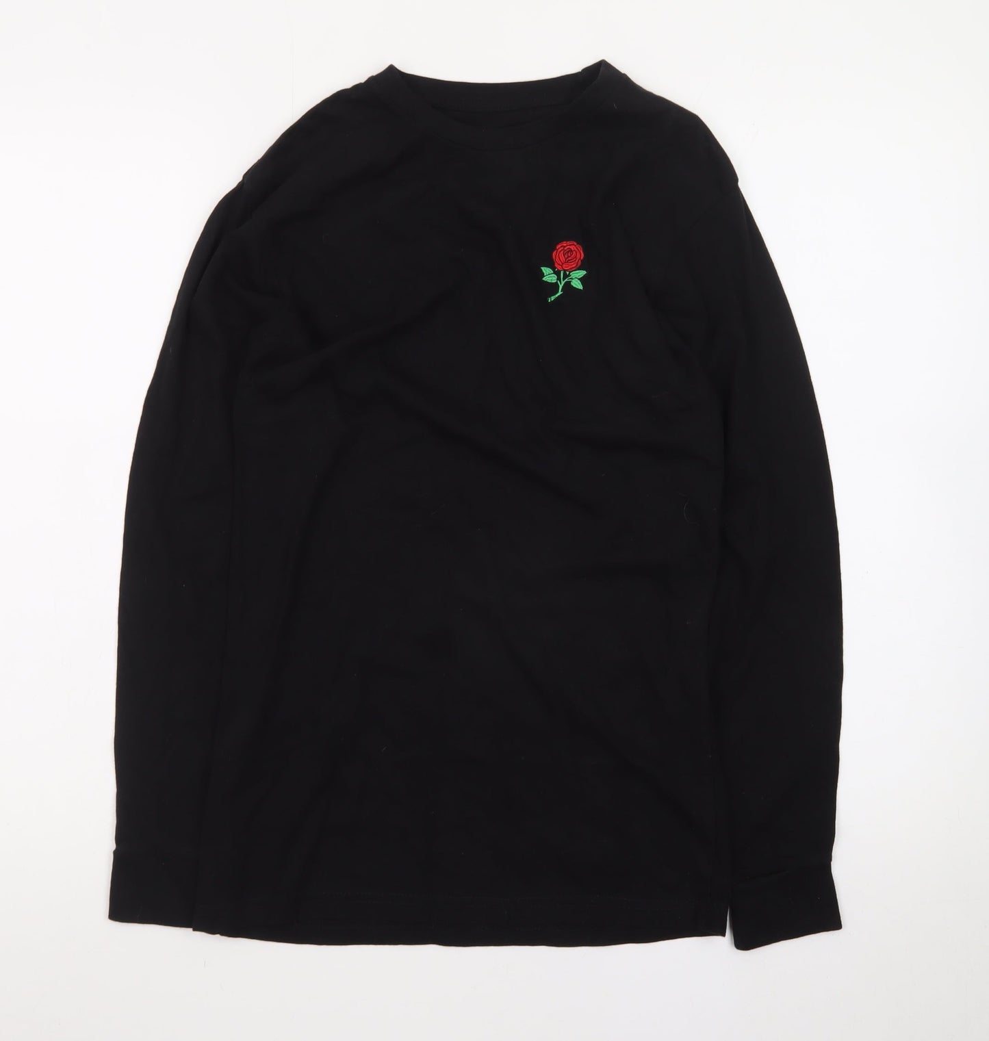 Eight Men's Black Long Sleeve Rose Embroidered Cotton T-Shirt Size S