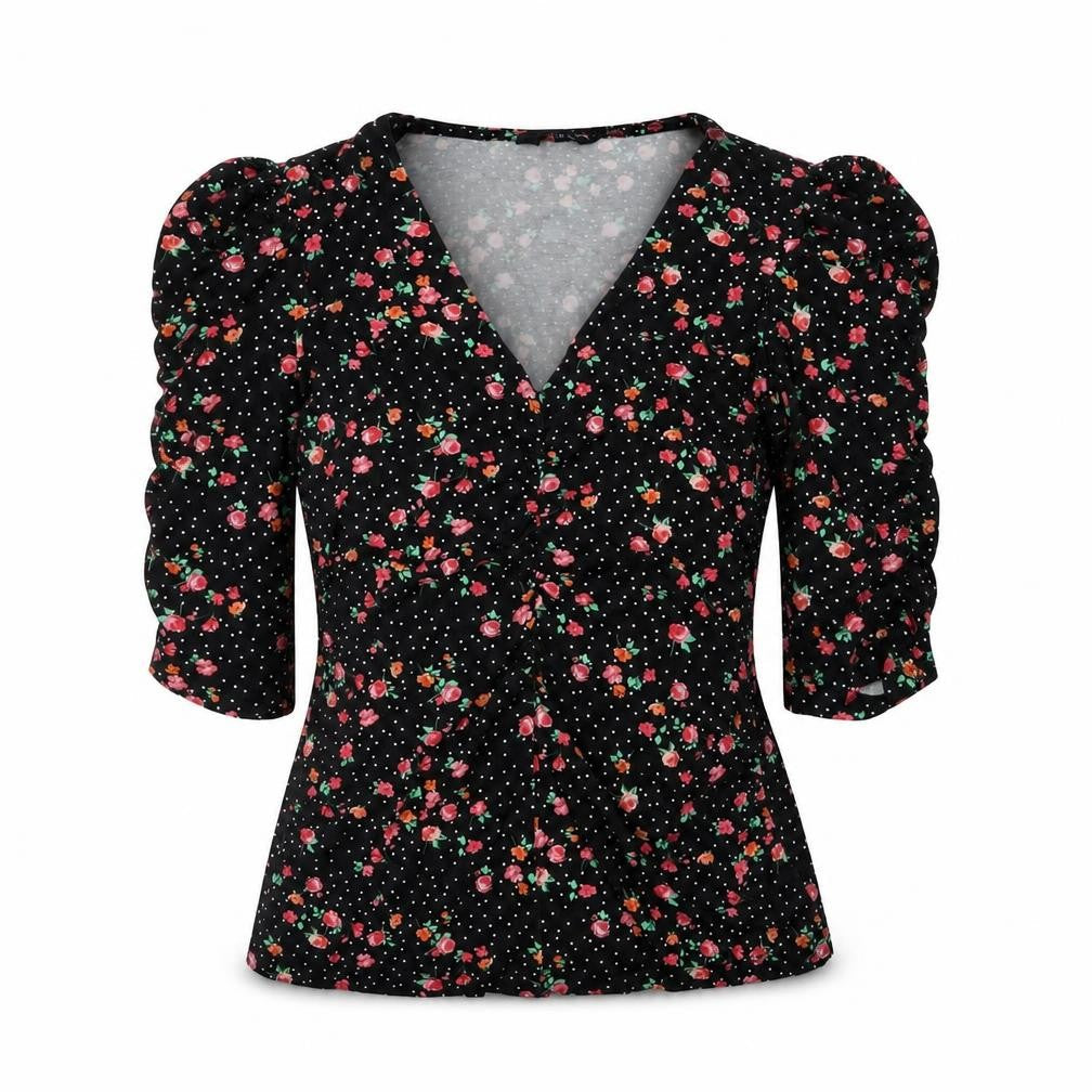 Sonsandar Women’s Black Floral Wrap Blouse Size 14 Viscose 3/4 Sleeve