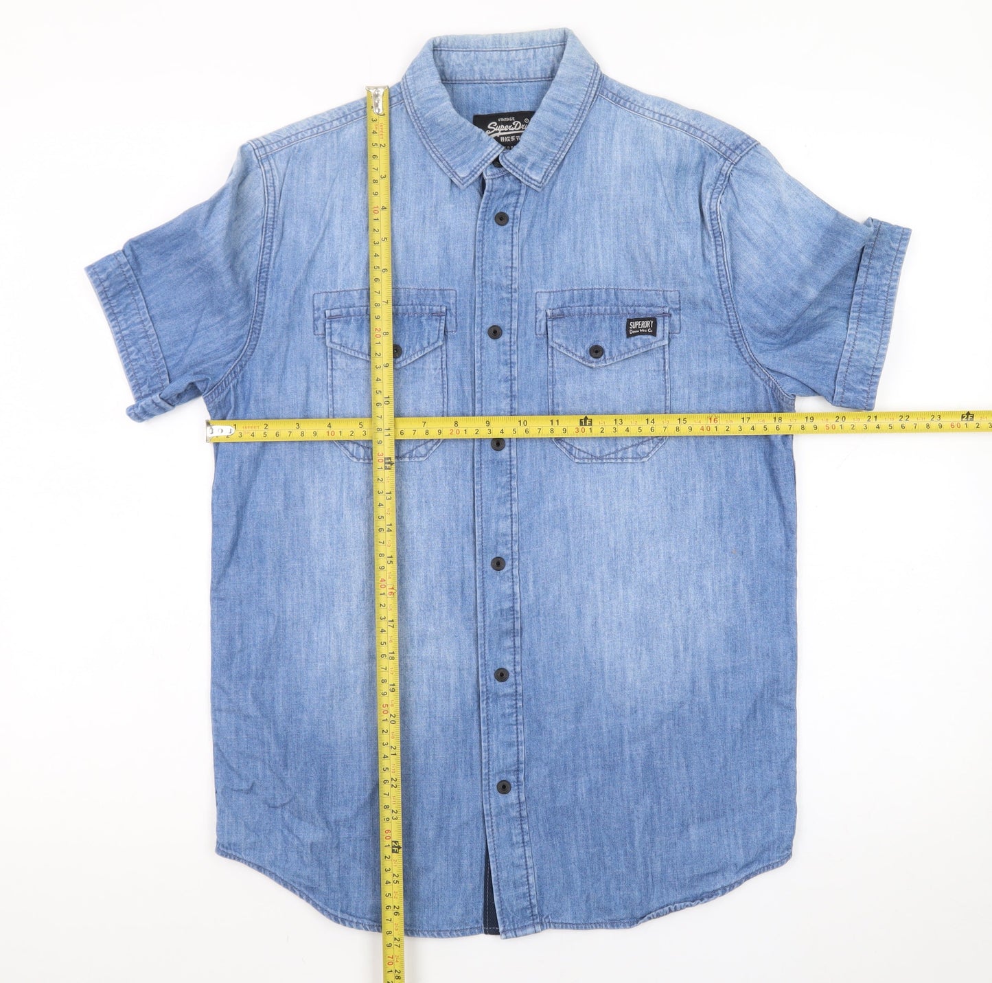 Superdry Men's Blue Denim Short Sleeve Collared T-Shirt S
