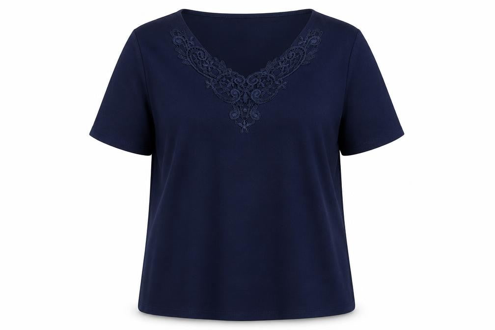 Country Casuals Women's Blue Embroidered V-Neck Short Sleeve Cotton T-Shirt XL