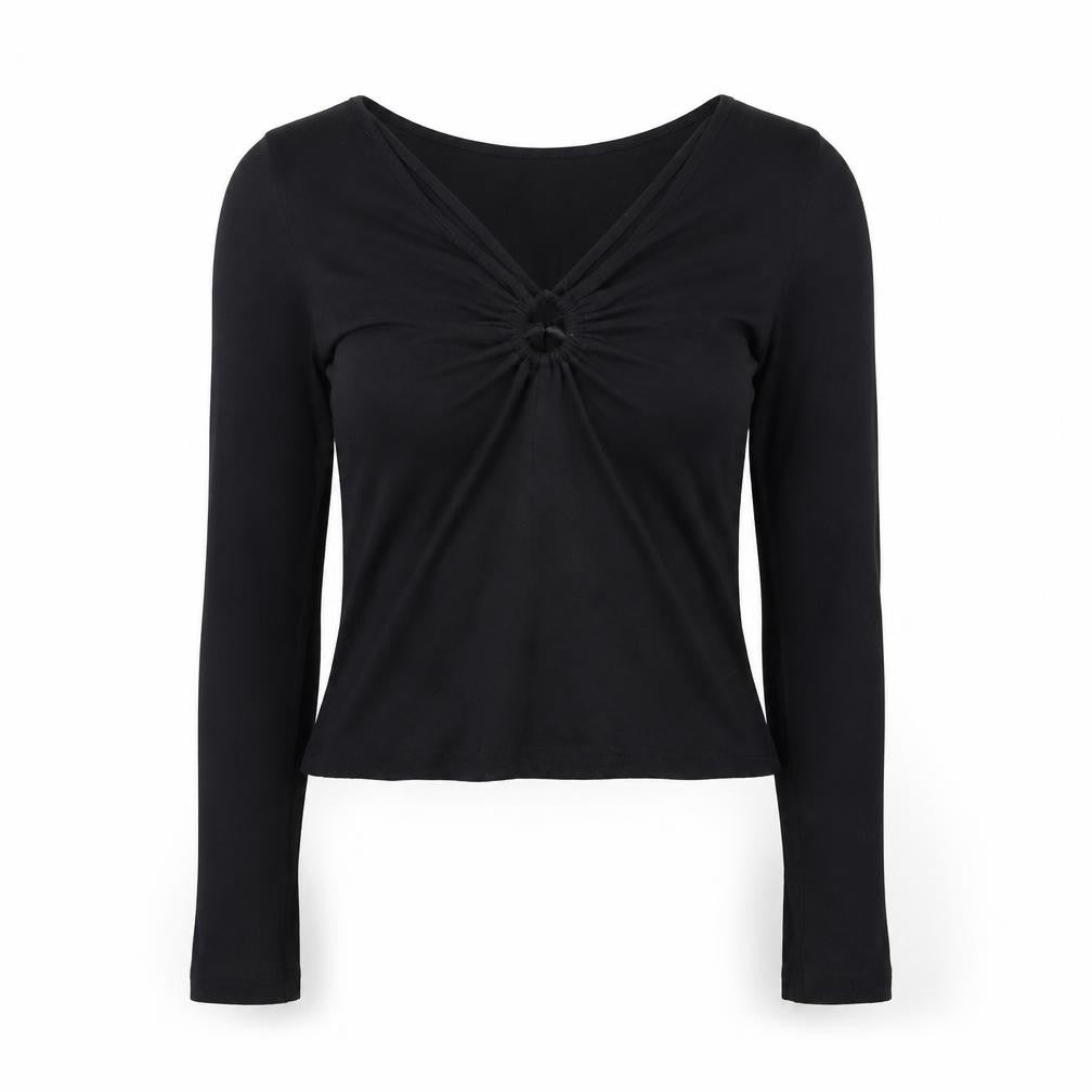 Commense Women’s Black XS Cropped Long Sleeve V-Neck Top
