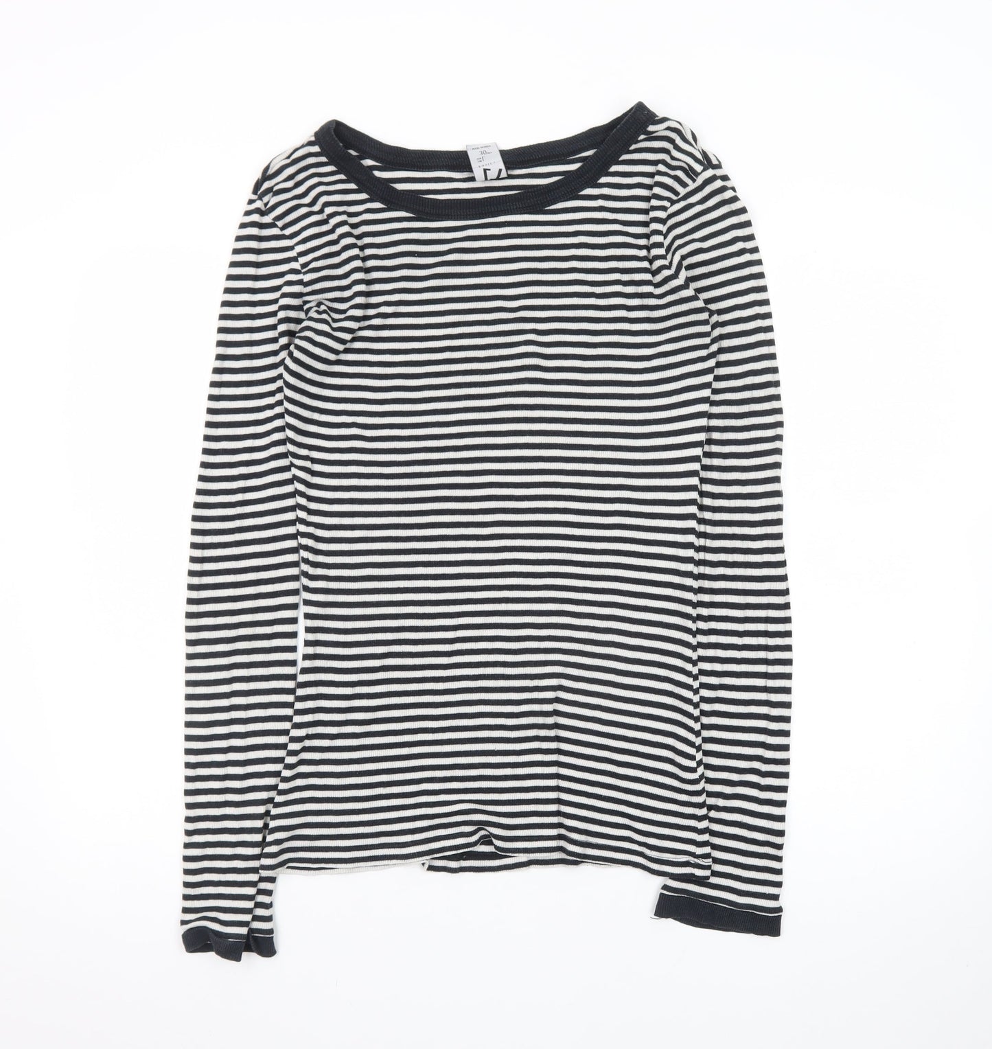 Zara Women Black White Striped Long Sleeve Basic T-Shirt L