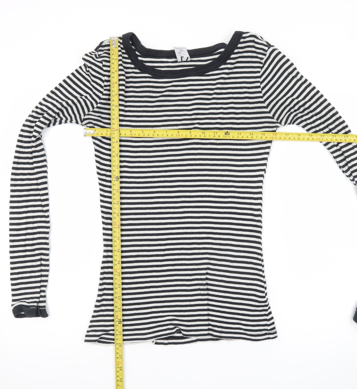 Zara Women Black White Striped Long Sleeve Basic T-Shirt L