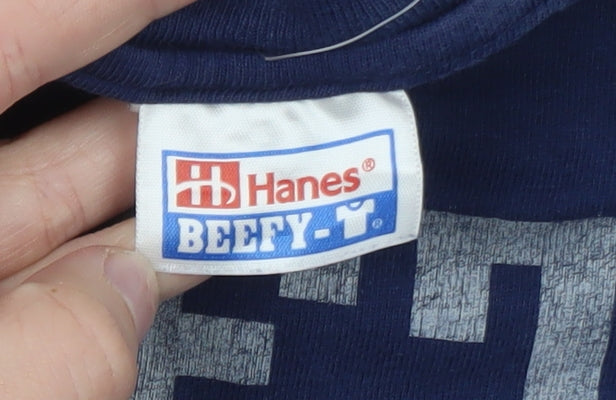 Hanes Beefy-T Navy Blue Long Sleeve Men's Graphic T-Shirt Size L