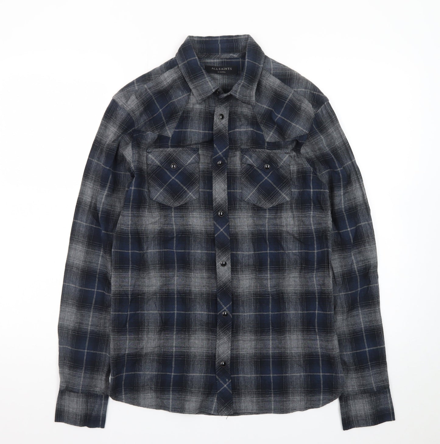 AllSaints Men's Blue Plaid Flannel Button-Up Shirt XS Slim Fit