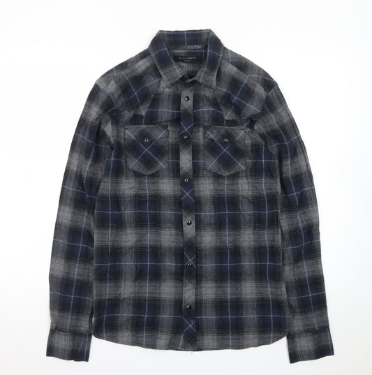 AllSaints Men's Blue Plaid Flannel Button-Up Shirt XS Slim Fit