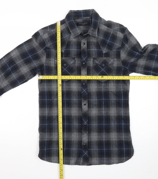 AllSaints Men's Blue Plaid Flannel Button-Up Shirt XS Slim Fit