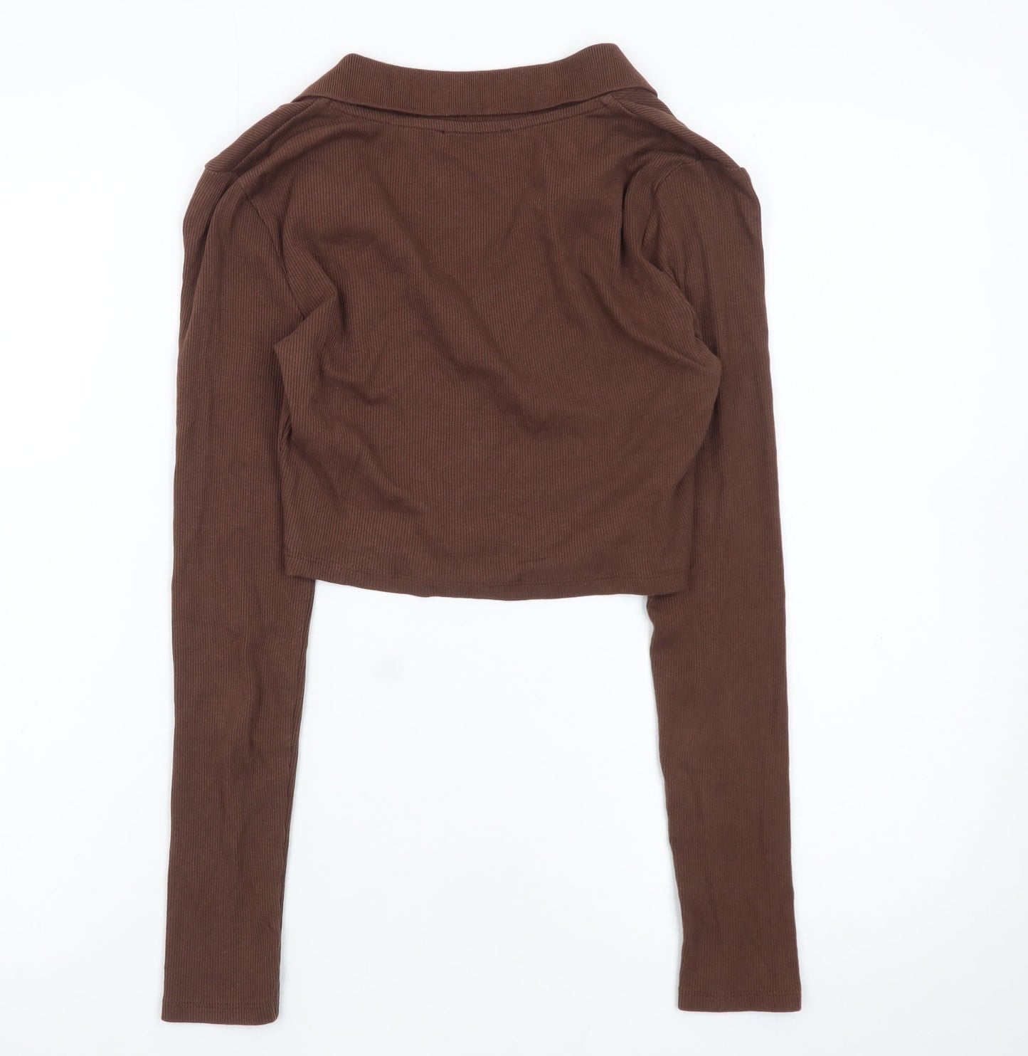 Zara Women Brown Cropped Collared Long Sleeve Top S