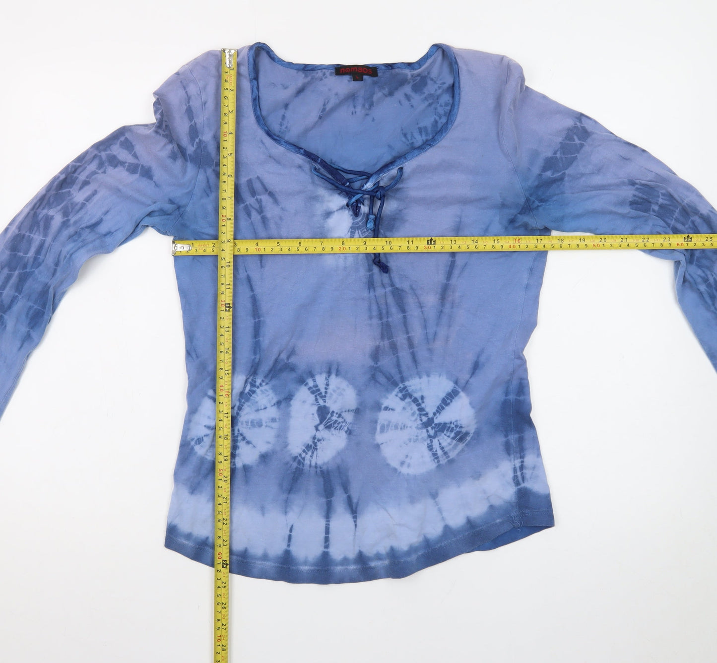 Nomads Womens Blue Tie Dye Cotton Blouse Long Sleeve Boho L