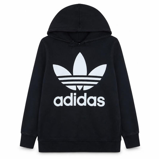 Adidas Women Black Trefoil Hoodie Size 14 Pullover Cotton Sweatshirt