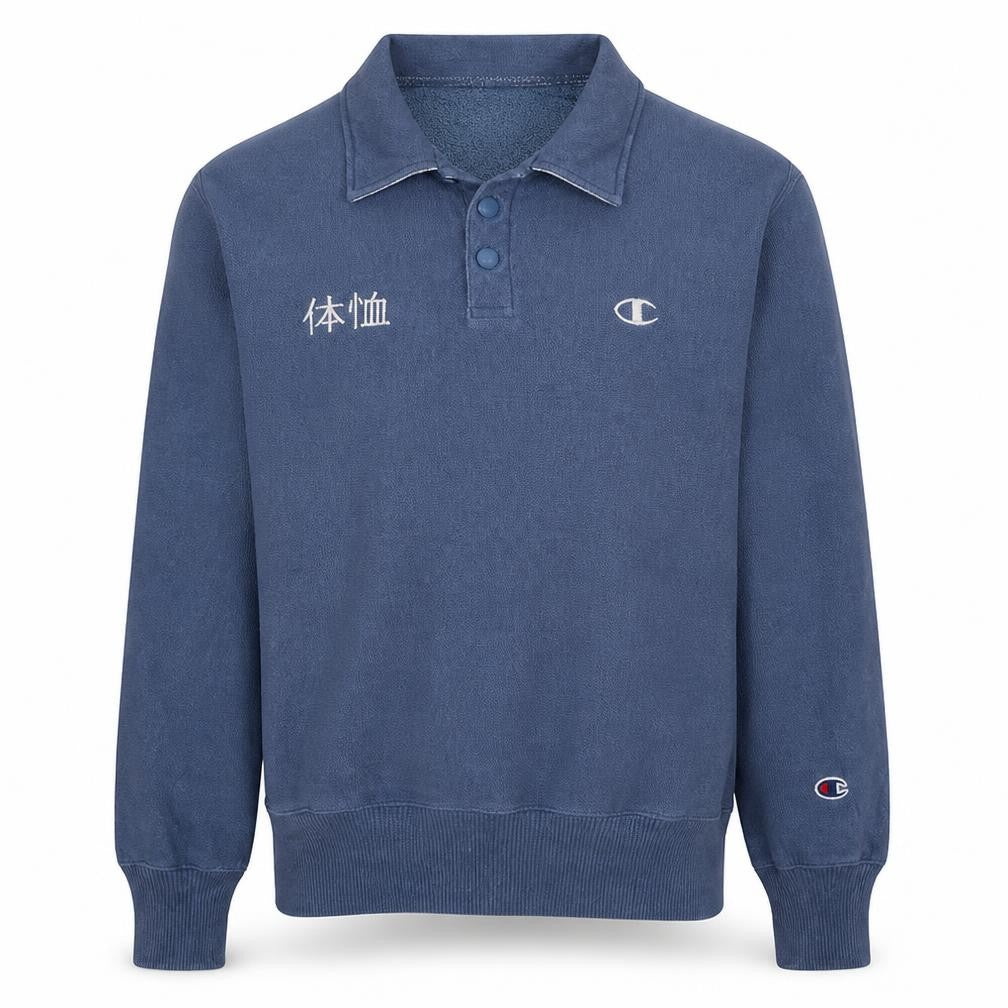Champion Men's Blue Henley Sweatshirt Long Sleeve Medium
