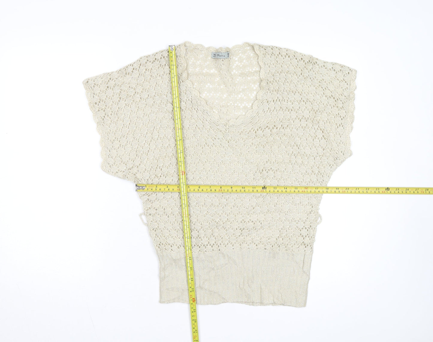 De Paris Women's Beige Open-Knit Wool Blend Short Sleeve Jumper S