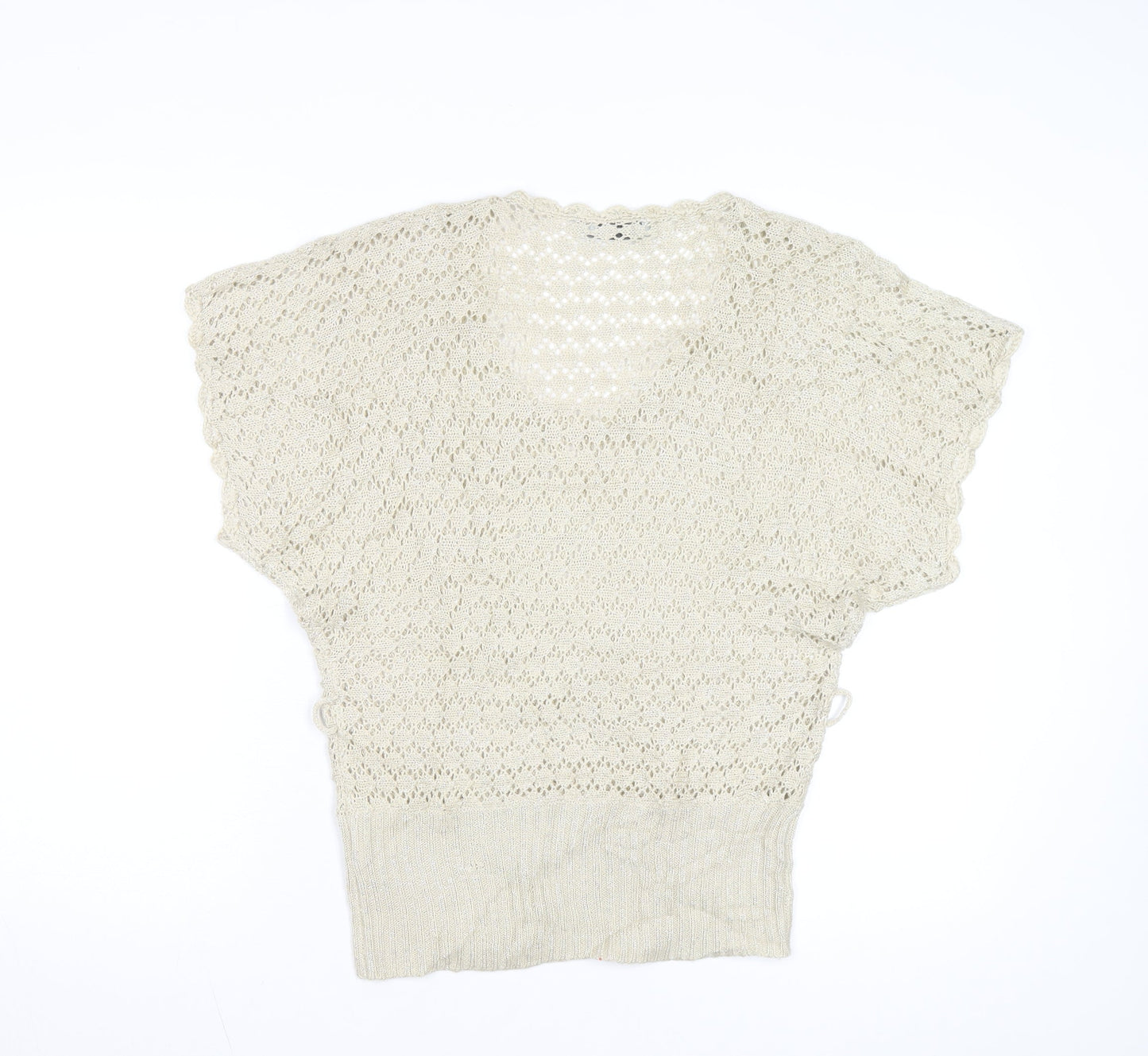 De Paris Women's Beige Open-Knit Wool Blend Short Sleeve Jumper S