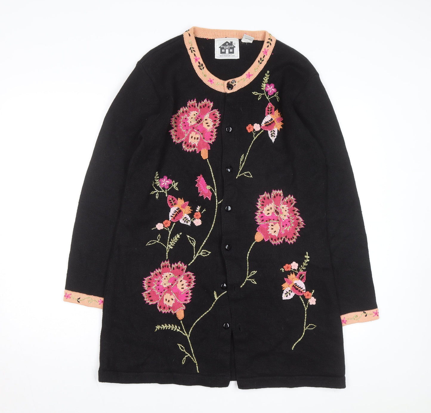 Storybook Knits Womens Black Floral Embroidered Cardigan Size M