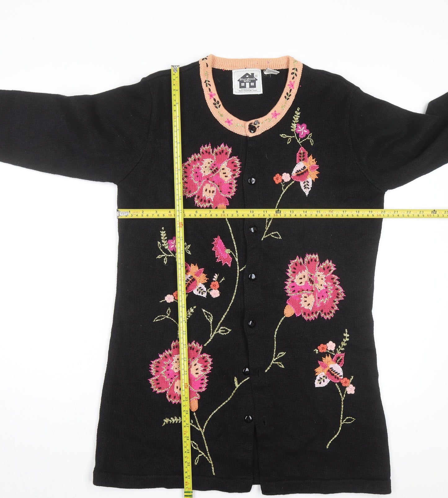 Storybook Knits Womens Black Floral Embroidered Cardigan Size M
