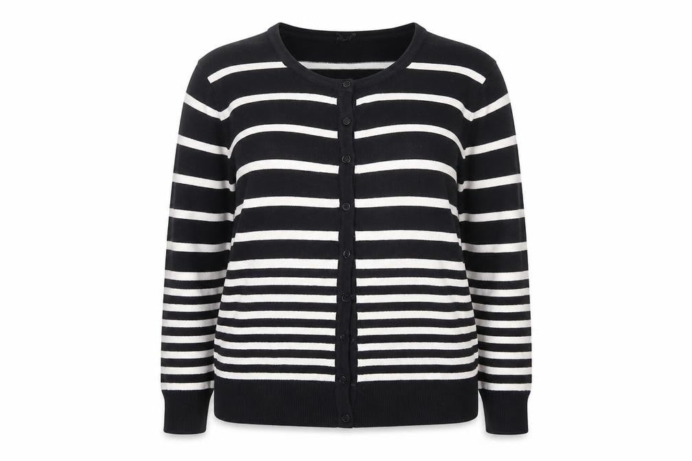 Atmosphere Women’s Black White Striped Crew Neck Cardigan Size 14