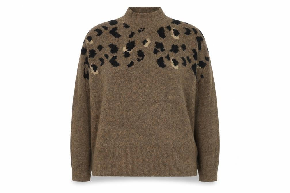 Marks & Spencer Women Brown Leopard Print Wool Blend Mock Neck Jumper XL