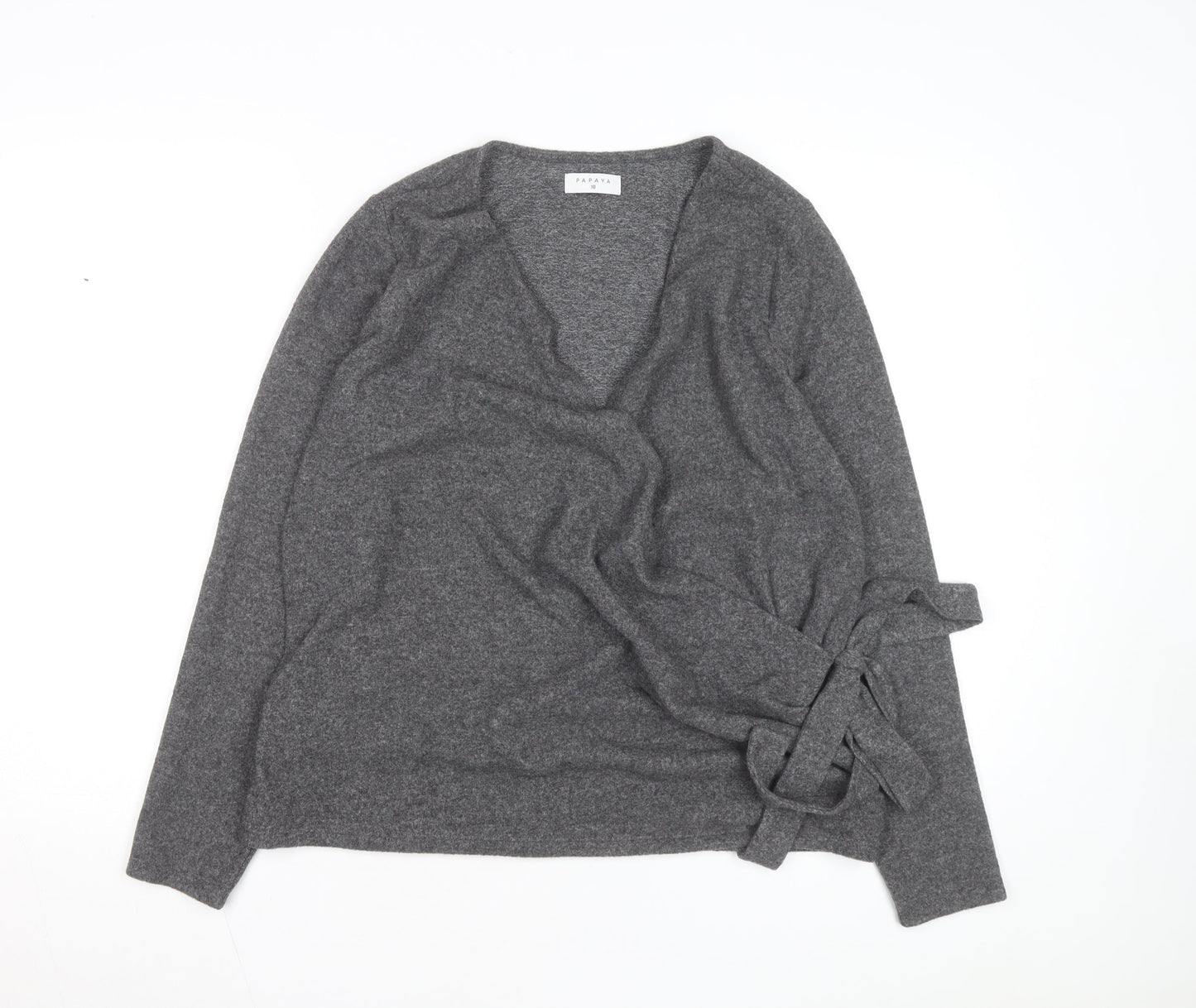 Papaya Women's Grey Wrap Knit Jumper Size 18 V-Neck Long Sleeve