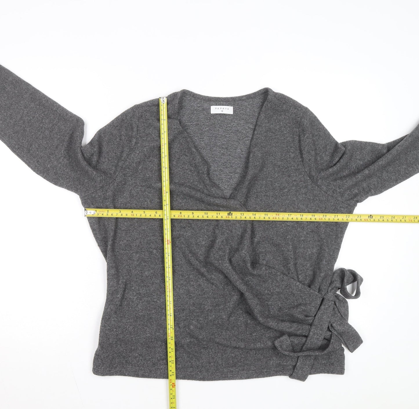 Papaya Women's Grey Wrap Knit Jumper Size 18 V-Neck Long Sleeve