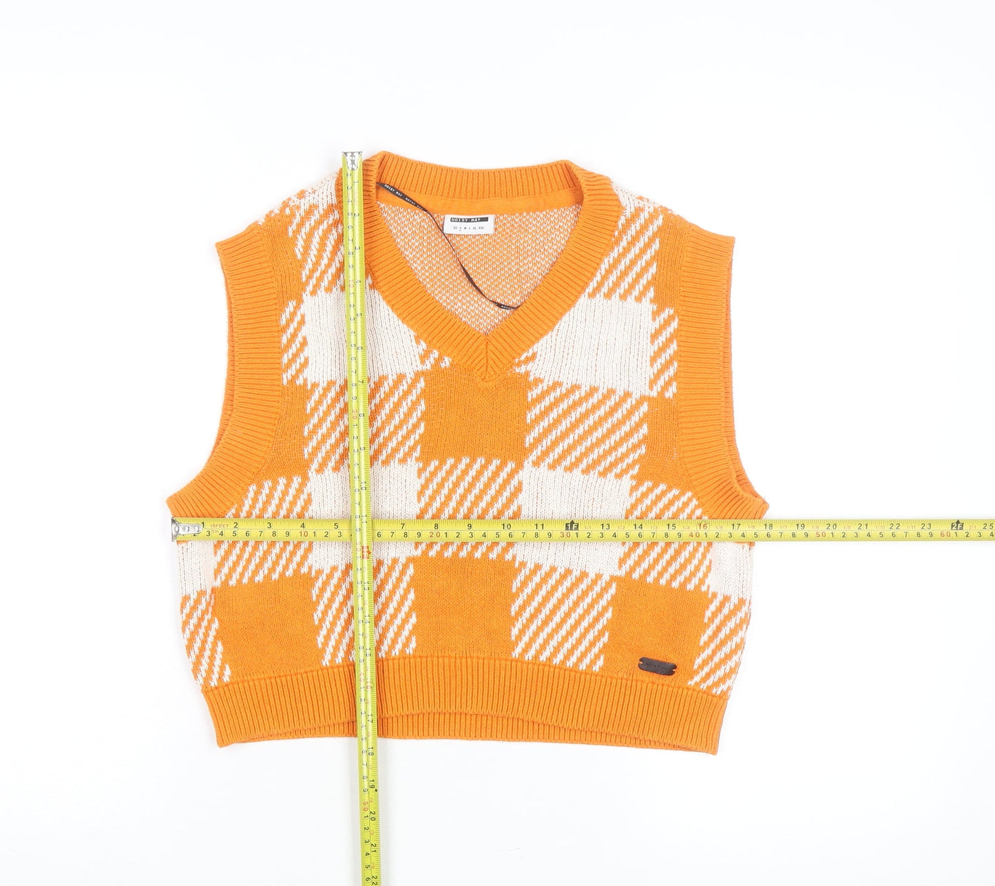 Noisy May Women's Orange Check Knit Sleeveless V-Neck Vest Size S